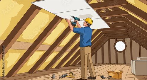 Attic insulation being installed by worker with drill, completing home renovation in the attic. Attic insulation includes white sheets placed between wooden beams,