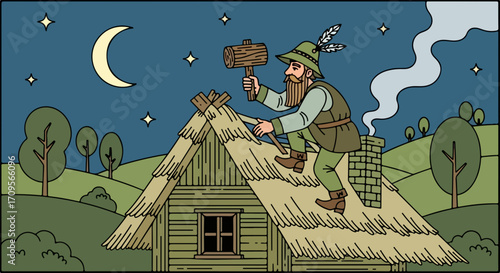 Thatched roof being repaired with hammer by man in Tyrolean hat at night, building thatched roof. Man is shown working hard at building thatched roof under moon and stars in the night sky.