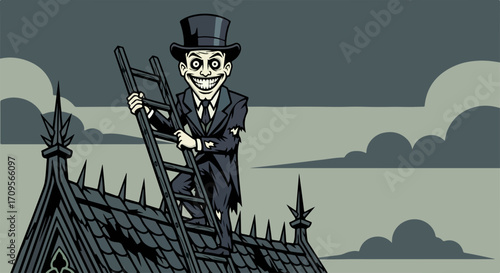 Cartoon character on roof with ladder against sky, illustrated with dark humor. This illustration of cartoon character has an enigmatic smile while posing on a high rooftop, balancing a ladder.