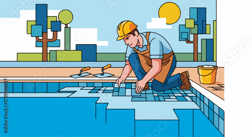 Construction worker installing tiles around swimming pool edge, creating clean poolside area with trowels and bucket. Pool renovation project for summer enjoyment.