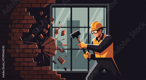 Construction worker demolishing brick wall with sledgehammer, vector illustration for renovation and building projects.