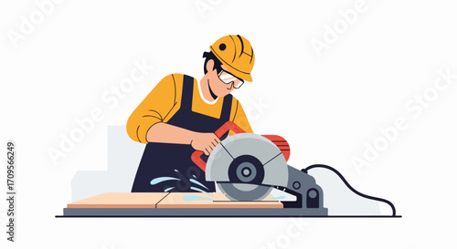 Construction worker using circular saw for wood cutting, industrial safety gear, vector illustration for building industry.