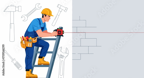 Skilled construction worker with laser level on ladder, surrounded by tools, vector illustration for building industry.