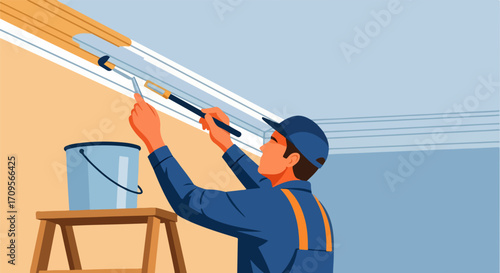 Professional painter applying white paint to ceiling trim with roller and brush, vector illustration for home renovation and interior design projects.