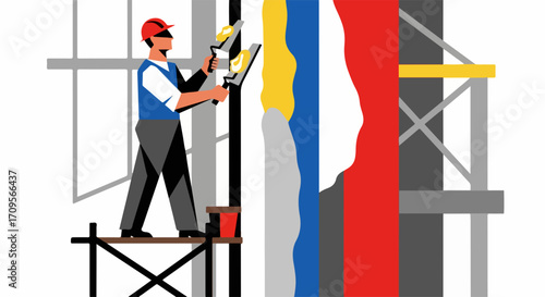 Construction worker painting building facade with colorful stripes on scaffolding. Professional painter applying vibrant paint for exterior renovation project.