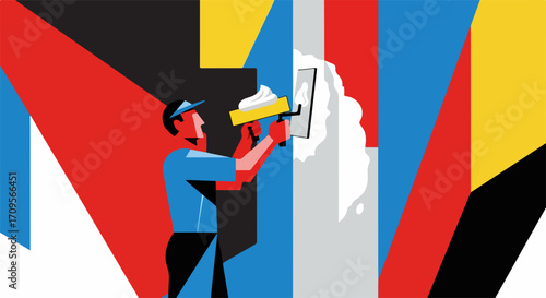 Repair work in colorful flat style, showing craftsman plastering wall. Showing craftsman involved in repair work, using trowel to spread plaster.