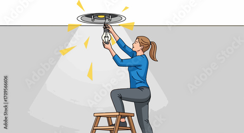 Woman changing light bulb in ceiling fixture, home improvement task, DIY lighting repair, electrical maintenance concept vector illustration.