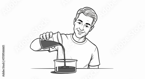 Man pouring liquid from beaker into glass container, vector illustration for science and laboratory concepts. Man performing experiment with chemical substance in scientific research setting.