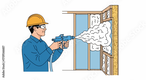 Construction worker applying spray foam insulation to wall cavity with specialized equipment. Professional insulation application for energy efficiency and building envelope sealing.