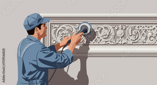 Man renovating molding with power sander, decorative finish on molding with power sander. Plasterwork and stucco restoration.