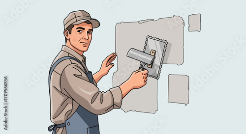 Construction worker at work, applying plaster to wall with steel trowel, smiling with expertise. Plaster application requires precision, ensuring even coverage and smooth finish,