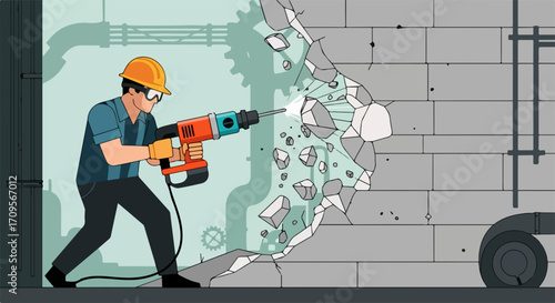 Construction worker with jackhammer breaking concrete wall, industrial renovation vector illustration.