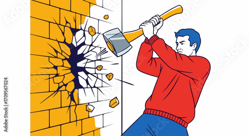 Man breaking brick wall with sledgehammer, vector illustration of destruction and progress, concept of overcoming obstacles and demolition.
