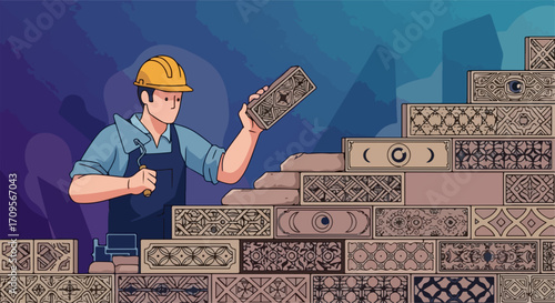 Construction worker building wall with decorative bricks, vector illustration. Skilled builder laying patterned blocks, creating structure with architectural elements.
