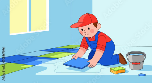 Tiler vector illustration of a cheerful worker laying floor tiles in a room with a bucket and sponge, home renovation concept.