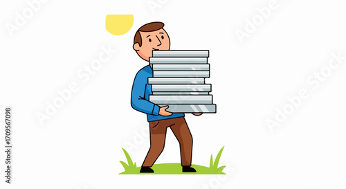Man carrying stack of books vector illustration, representing knowledge and education. Man holding many books, symbolizing learning and information.