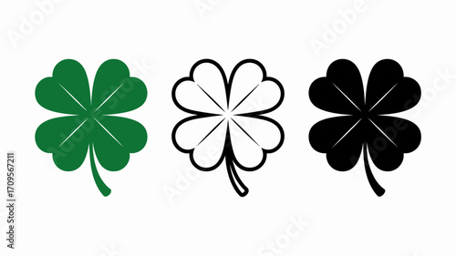 Four Leaf Clover Icons Green White Black Variations.