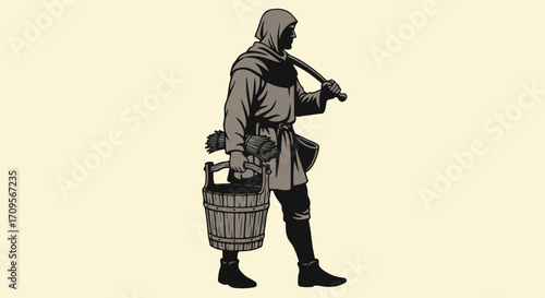 Medieval peasant carrying water bucket and tool, historical vector illustration of rural life and labor. Vintage depiction of ancient worker, concept of historical period and daily tasks.