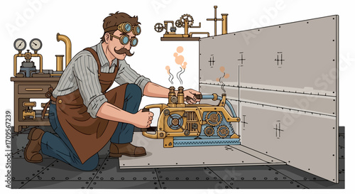 Steampunk inventor working on complex machinery in workshop, detailed vector illustration. Vintage inventor creating intricate contraptions with gears and steam, industrial workshop setting.