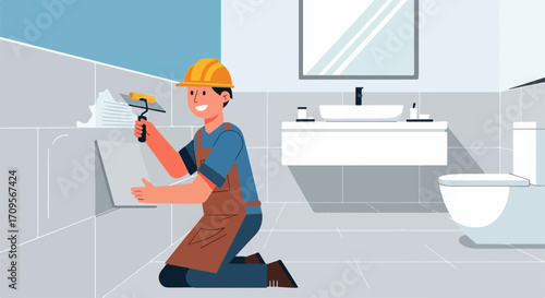 Worker performing bathroom renovation, installing new wall tiles with adhesive. Expert applies ceramic tiles to wall, detailing efficient bathroom renovation process.