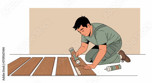 Man performing wood flooring installation, applying adhesive to planks on floor. Detailed wood flooring installation process shows person working carefully on home renovation project.