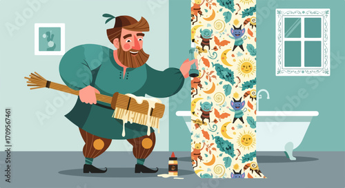Man wallpapering room with decorative pattern on wall, using large brush and paste. Bearded man wallpapering room carefully applies adhesive to colorful paper.
