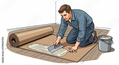 Man performing floor installation applying adhesive with notched trowel on brown underlayment material, next to rolled sheet and bucket. Floor installation project for home renovation and DIY guides,