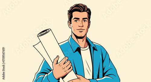Confident architect man holding rolled up blueprints ready for construction project. Professional architect man represents engineering and design expertise, planning future buildings.