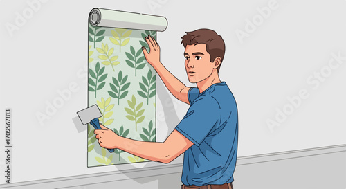 Man performing wallpaper installation on white wall, applying decorative leaf patterned paper. Worker smooths material with tool during interior home renovation project.