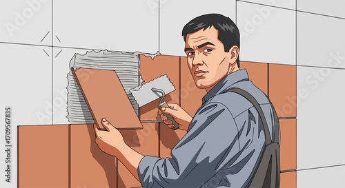 Skilled worker performing tile installation, carefully applying ceramic tiles to bathroom wall using trowel and mortar. Home renovation tile installation requires precision and attention to detail.