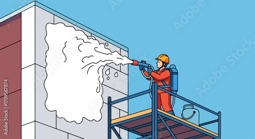Worker applying building insulation to exterior wall with spray foam. Professional installs building insulation on facade from scaffolding, for efficiency.