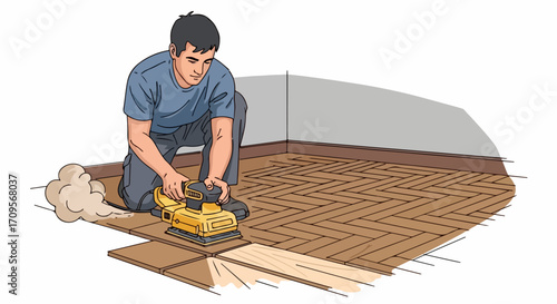 Man performing floor sanding, diligently restoring old parquet surface. Floor sanding involves orbital sander use for smoothing wood planks. Floor sanding for home renovation projects or DIY guides.