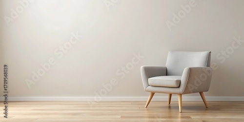 A comfortable, light gray armchair with wooden legs placed against a neutral wall in a modern room.