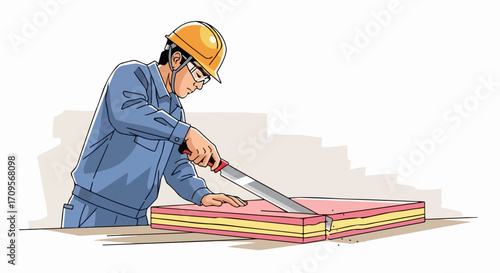 Illustration of construction worker carefully cutting insulation panel with handsaw. Construction worker shows construction worker skill, using handsaw for neat cut.