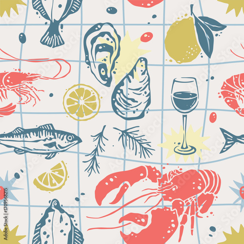 Seafood Color Silhouettes Seamless Pattern Mediterranean Fish Delicacies Vector Design