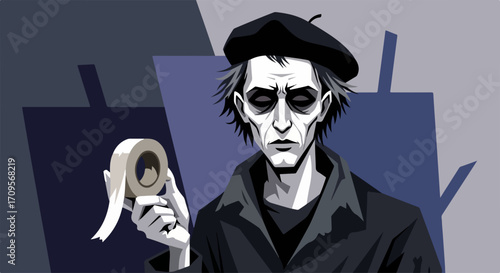 Vampire man in black coat and beret holding mask, vector illustration of gothic character.