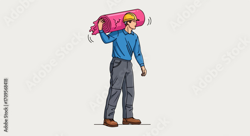 Construction worker carrying heavy pink cylinder on shoulder, industrial labor vector illustration. Construction worker performing manual labor, industrial worker carrying equipment.