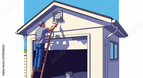 Man performing garage painting on exterior wall of residential building, standing on a ladder. Garage painting involves applying fresh coat of paint to improve home appearance.