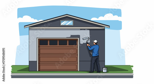Man performing garage painting on exterior wall of residential building. Garage painting involves applying dark gray paint with roller, improving curb appeal.
