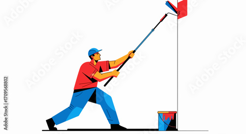 Man engaged in wall painting, extending long roller to color surface red from paint bucket. Professional worker diligently performs wall painting, wearing cap.