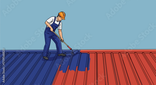 Worker performing roof painting, applying blue coat on corrugated metal. Painter wearing hard hat, overalls, diligently working on roof painting project, ensuring smooth finish.