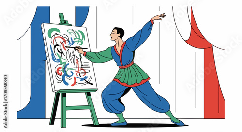 Artistic expression with a figure artist, canvas, easel and colorful strokes. Figure artist in expressive action is seen amidst creative tools, in an effort to convey artistic expression.