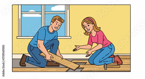 Couple installing new flooring, vector illustration of home renovation project. DIY home improvement with wooden planks and tools, happy couple working together on interior design.