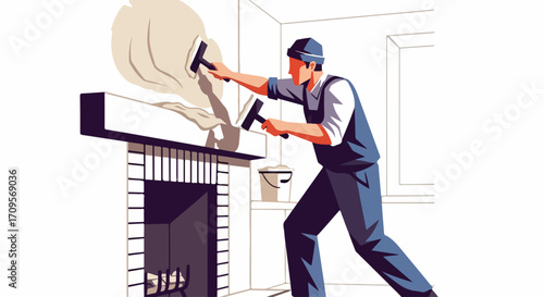 Construction worker applying plaster to fireplace surround in modern interior, home renovation vector illustration. Renovation project with skilled craftsman performing interior finishing work.