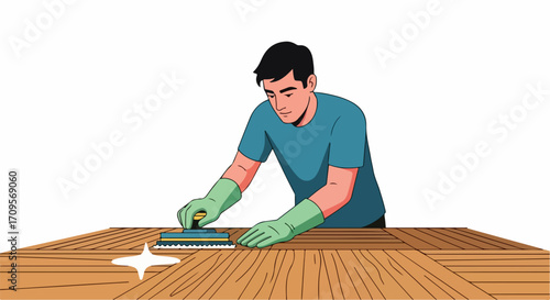 Man applying wood finish with brush on wooden surface, vector illustration of carpentry work.