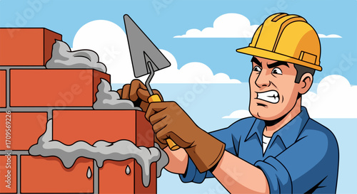 Bricklayer building brick wall with trowel and mortar, construction worker in hard hat and gloves. Bricklaying process with skilled laborer. Concept construction industry.