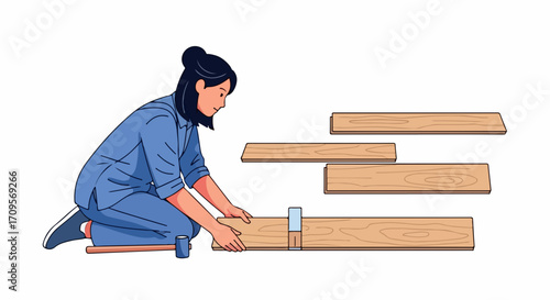 Woman laying laminate flooring, showing home improvement project. Home improvement activity depicts woman working on new laminated floor, handling materials with care.