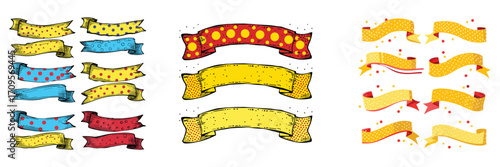 set of colorful ribbon banner icons with fruit decorative style