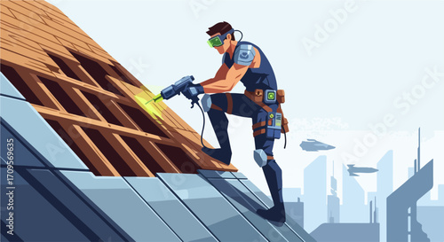Roofer at work on rooftop with electric tool and protective eyewear, against a futuristic city skyline. Construction roofer works skillfully to construct a new rooftop for upcoming rain season.