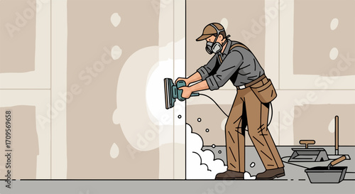 Sanding drywall joint with sanding machine for plasterboard wall repair. Sanding drywall joint smoothes surface, preparing for painting, wallpapering, or tiling. Using sanding drywall joint technique,
